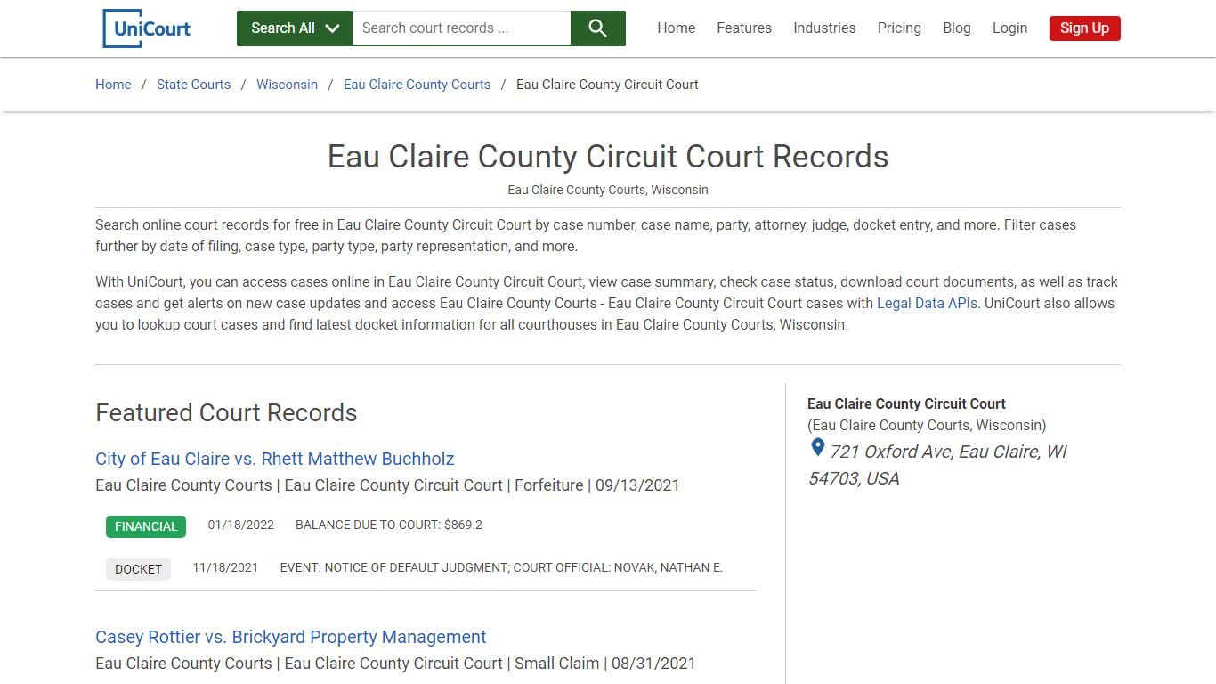 Eau Claire County Circuit Court Records | Eau Claire | UniCourt